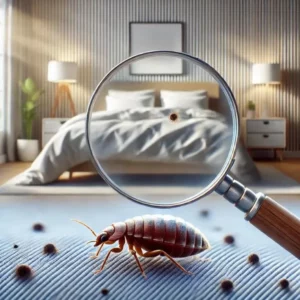 Illustration d'un lit avec une loupe montrant des punaises de lit. Illustre que faire en cas de punaise de lit.