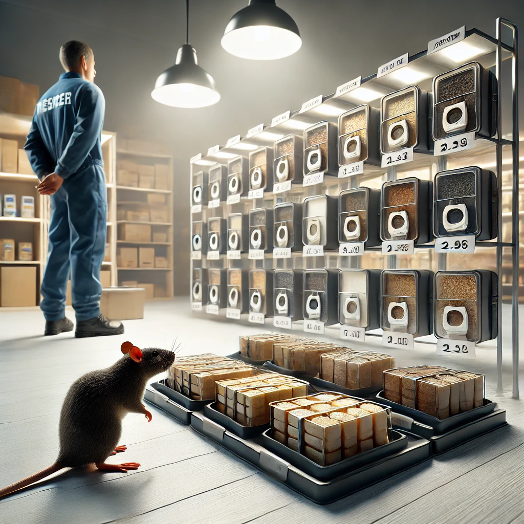 Illustration mettant en avant des stations de poison anti-rat (mort au rat professionnel) installées dans un environnement propre. Cette image montre des produits de poison pour rats, tels que des blocs ou des grains, positionnés de manière stratégique pour une gestion efficace des infestations.