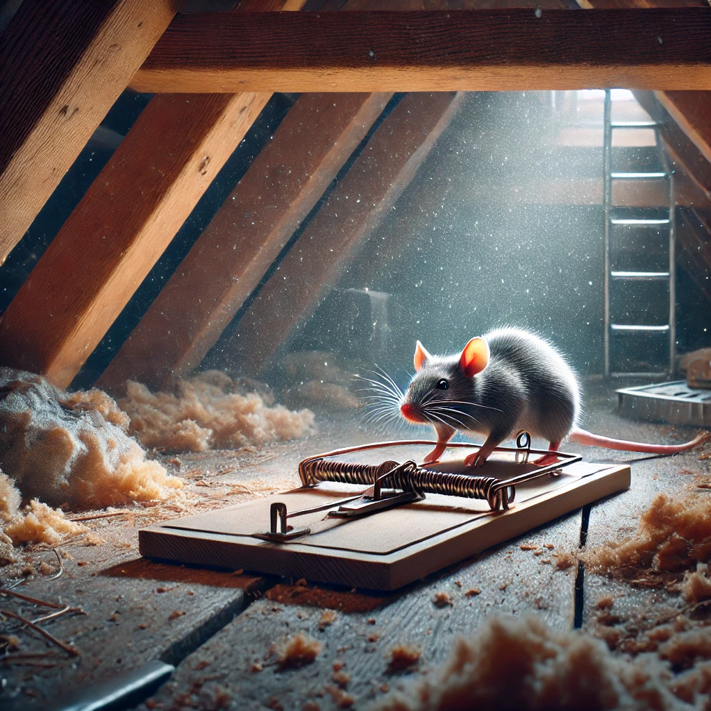 Piège à rat professionnel mécanique placé dans un grenier sombre avec poutres en bois et objets éparpillés. Un rat s’approche prudemment du piège, attiré par un appât.