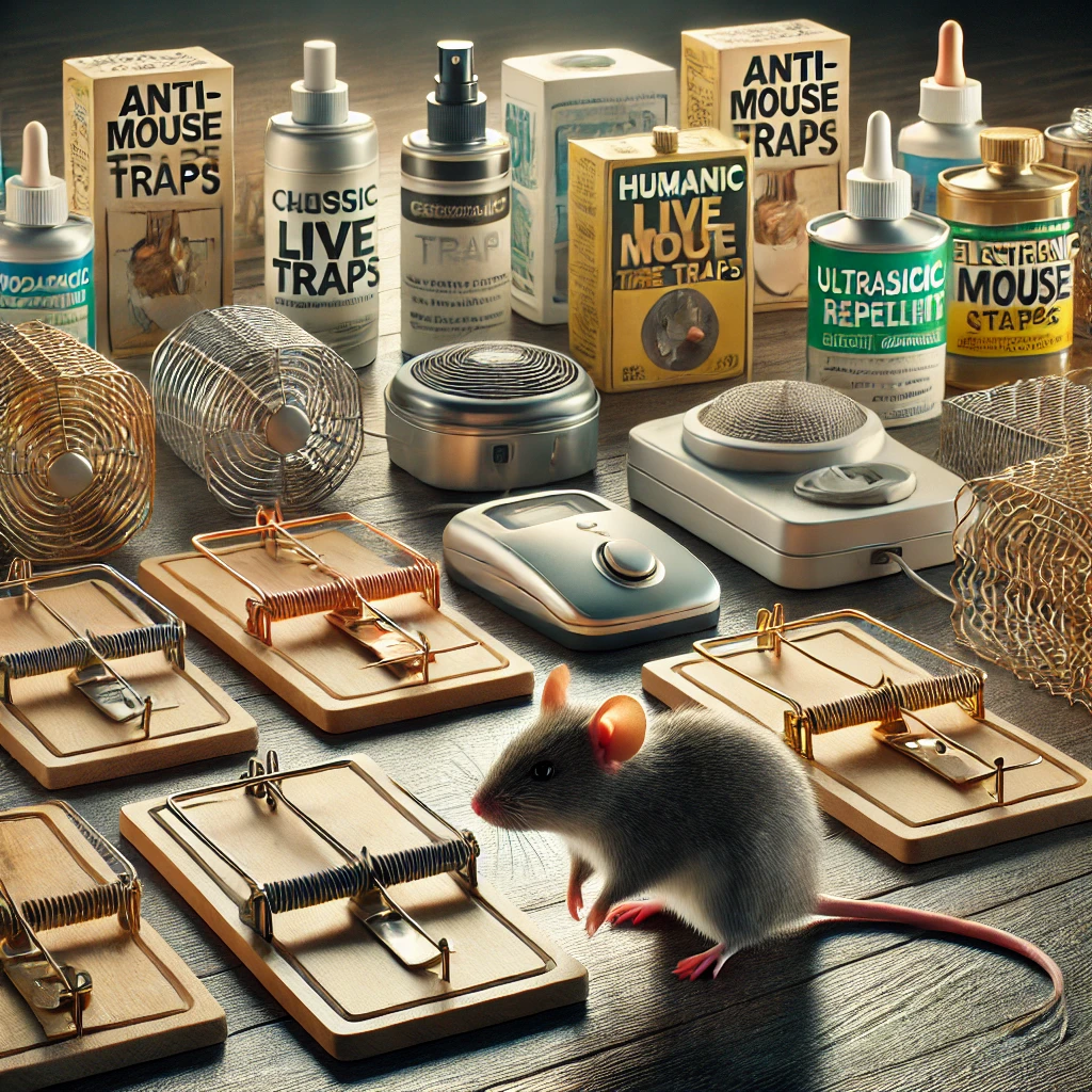 Illustration de divers produits anti-souris disposés sur une table en bois. On y voit des tapettes classiques, des pièges à capture vivante, des pièges électroniques, des répulsifs ultrasoniques, des stations d’appâts rodenticides et des répulsifs naturels comme l’huile de menthe poivrée. En arrière-plan, une petite souris s’approche prudemment d’un piège. L’éclairage est doux et naturel, créant un environnement propre et professionnel.