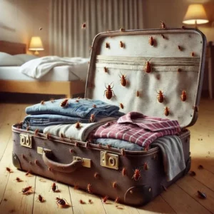 Illustration d'une valise remplie de punaises de lit pour mettre en avant que les voyages peuvent être une des causes des punaises de lit.