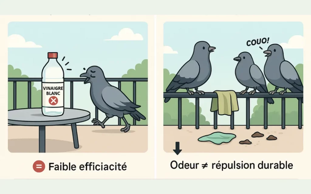 Illustration Monsieur Madame Anti Nuisibles avec des pigeons sur un balcon avec un traitement au vinaigre blanc inefficace.