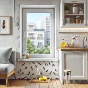Illustration représentant une cuisine ou un salon moderne, avec des fourmis visibles près des plinthes et des solutions temporaires comme des pièges et des remèdes naturels (citron et vinaigre) en place, illustrant ce qu'il est possible de faire en attendant l'intervention d'un professionnel.