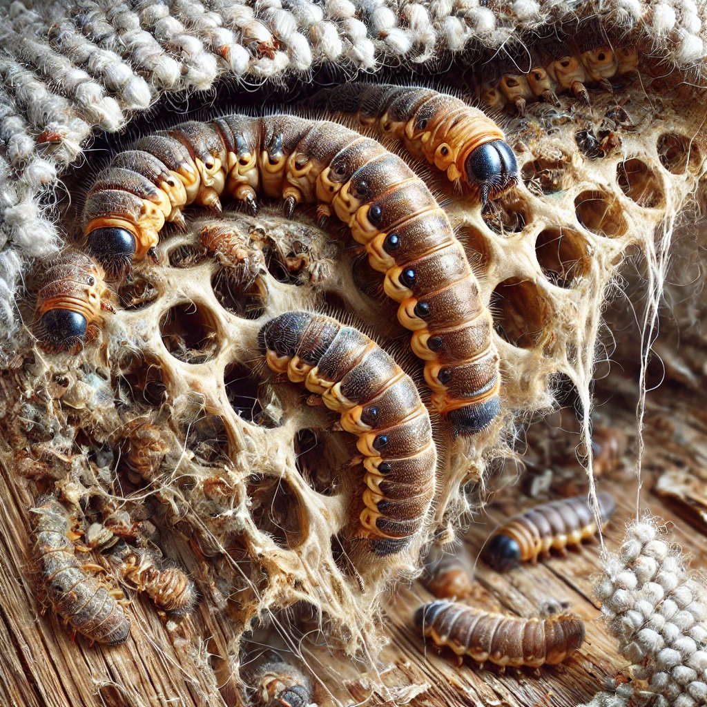 Anthrènes et leurs larves sur des textiles abîmés avec fibres effilochées et trous visibles, illustrant les dangers typiques dans un environnement domestique.