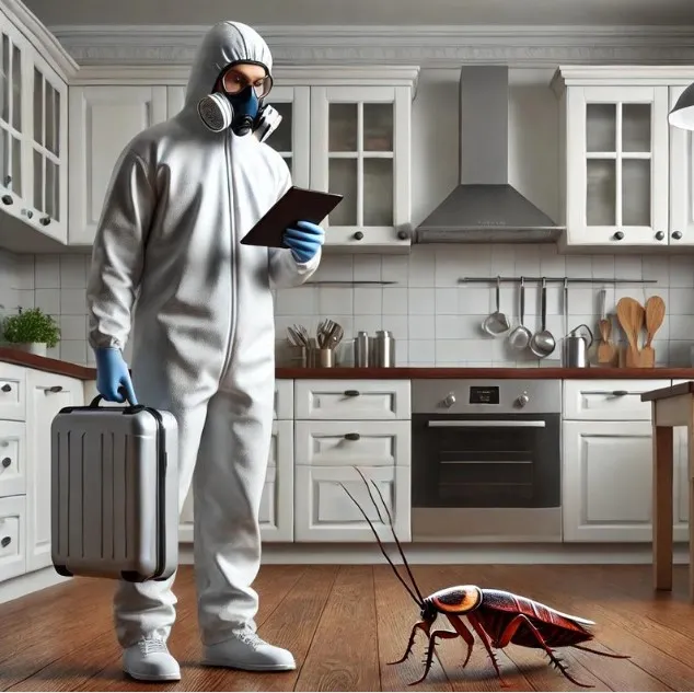 Illustration d'un professionnel de la lutte contre les nuisibles inspectant une cuisine moderne pour des cafards, soulignant l'importance du temps et de la précision dans le traitement.