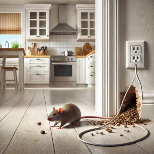 Illustration réaliste représentant une cuisine domestique montrant des signes d'infestation de rats, tels que des excréments au sol, des cùbles rongés et un rat sortant d'un trou dans la plinthe.