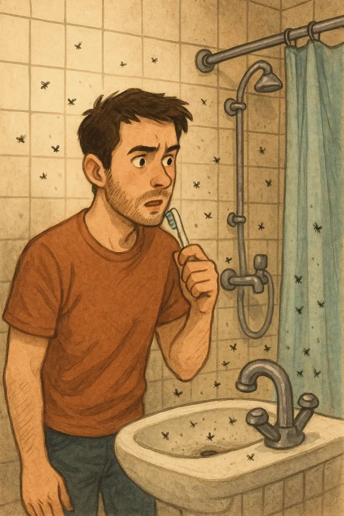 Photo d'un personnage qui se lave les dents dans sa salle de bain infestée de moucherons.