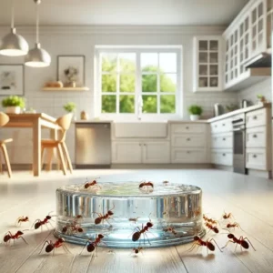Illustration avec un piège à fourmi sous forme de gel, avec une cuisine moderne en arrière-plan. Les fourmis sont rassemblées autour du gel, et la scène met en avant l'efficacité du piège dans un environnement domestique.