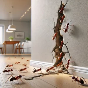 Illustration montrant des fourmis sortant d'une fissure dans un mur. Cette représentation met en avant l'entrée potentielle d'une infestation de fourmis dans un intérieur moderne.