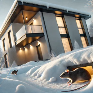 Illustration d'une scĂšne hivernale montrant une maison moderne entourĂ©e de neige, avec un rat tentant dâentrer par une fissure prĂšs de la fondation. Les dĂ©tails mettent en Ă©vidence la nĂ©cessitĂ© de la prĂ©vention des rongeurs en hiver.