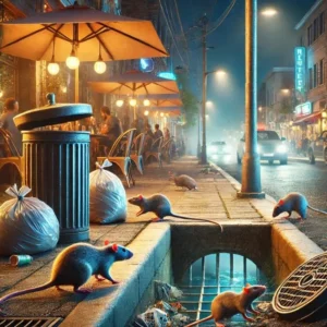 Illustration représentant une scÚne avec des rats se déplaçant le long des trottoirs, prÚs des poubelles et des égouts, éclairés par les lumiÚres des restaurants et des bars. Cette illustration montre le lien entre les rats et la vie nocturne urbaine.