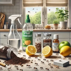 Illustration qui montre des éléments tels que le vinaigre, les citrons, le marc de café, et les huiles essentielles repoussant les fourmis dans un environnement domestique réaliste et bien éclairé.