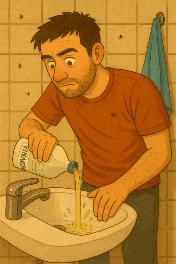 Illustration d'un personnage qui verse du vinaigre dans son lavabo de salle de bain pour éliminer les mouches de drain, psychodidae de façon naturelle.