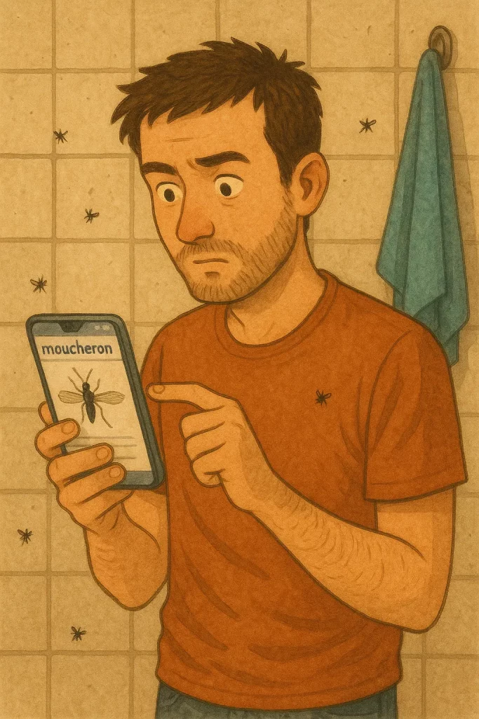 Photo d'un personnage qui recherche sur google le type d'insecte qui a infesté sa salle de bain. Il y a de nombreux moucherons autour de lui.