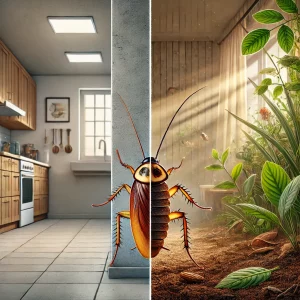 Comparaison entre la Blatte Germanique vs Cafard de Jardin : à gauche, une blatte germanique dans une cuisine (environnement intérieur) ; à droite, un cafard de jardin dans un espace extérieur avec des feuilles et du sol. Illustration montrant les différences de taille, couleur et habitat.