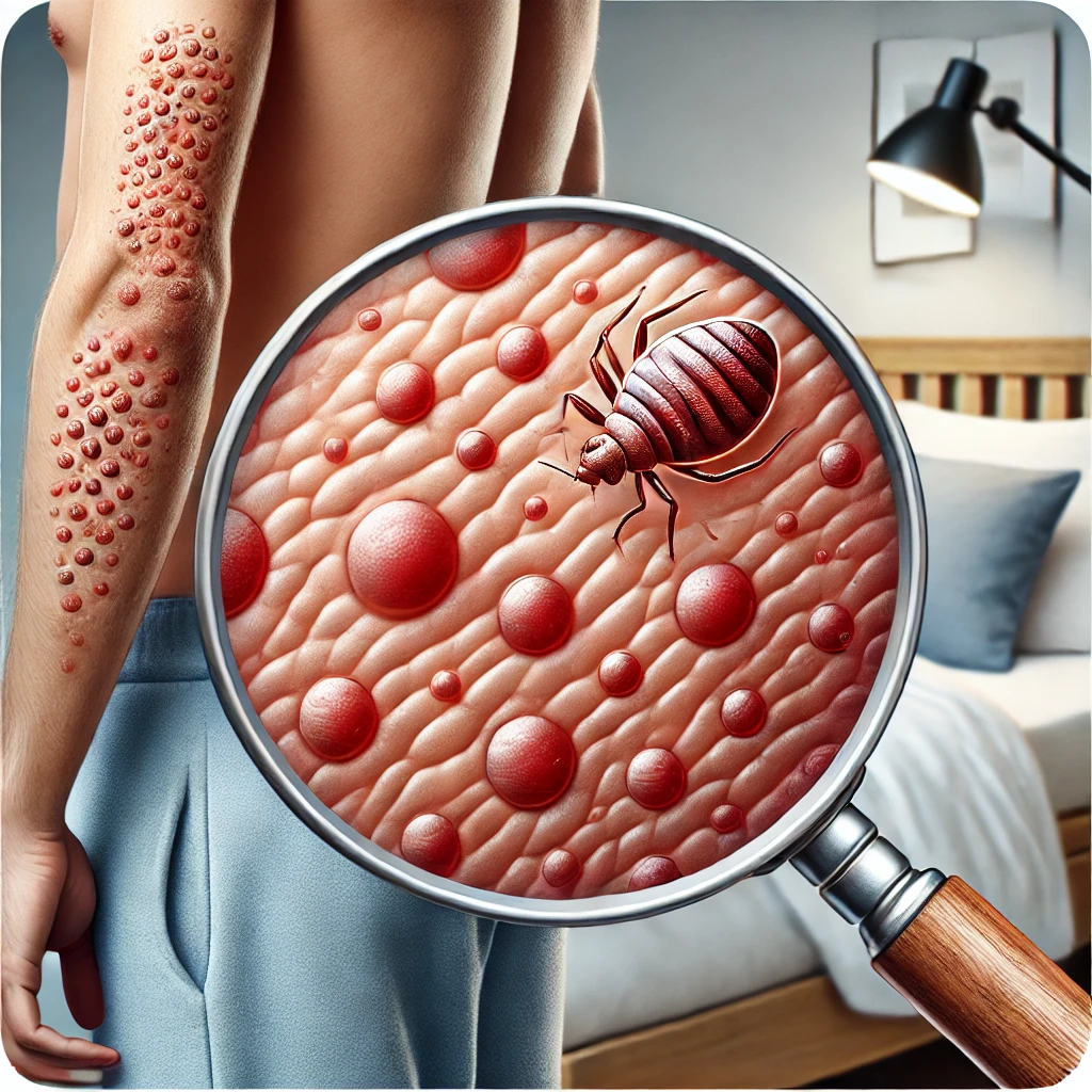 Illustration réaliste d'un bouton punaise de lit sur la peau humaine, avec une loupe mettant en évidence les rougeurs et le gonflement typiques pour faciliter l'identification.