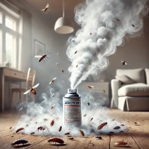Fumigène insecticide diffusant de la fumée au centre d’une pièce, entouré de nuisibles comme cafards, punaises de lit, puces et moustiques. Traitement anti-insectes efficace.
