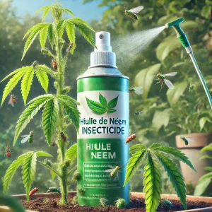 Spray d'huile de neem insecticide appliqué sur une plante infestée de pucerons et de cochenilles dans un jardin écologique. Solution bio et naturelle.
