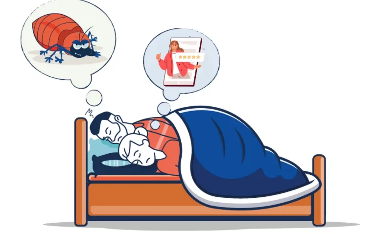 Illustration de monsieur madame anti nuisibles en train de dormir et rêver de punaises de lit et avis client.